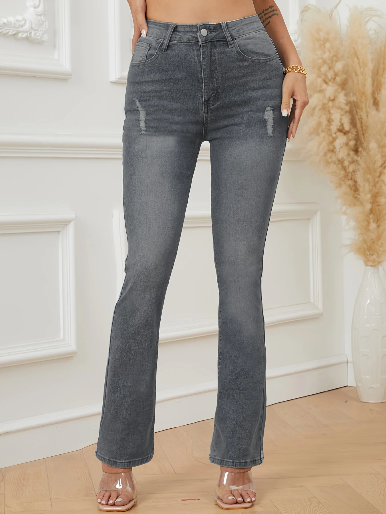 Plain Ripped Holes Bootcut Jeans, High-Stretch Slant Pockets Slim Fit Denim Pants, Women's Denim Jeans & Clothing - Deanwangkt