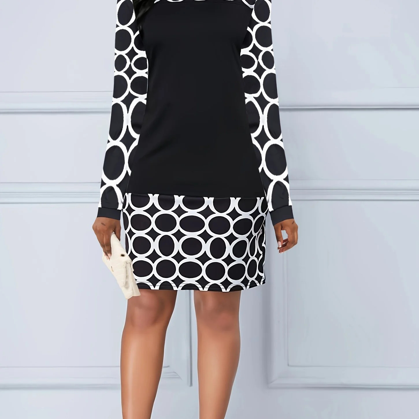 Geo Print Long Sleeve Dress, Elegant Boat Neck Mini Dress, Women's Clothing - Deanwangkt