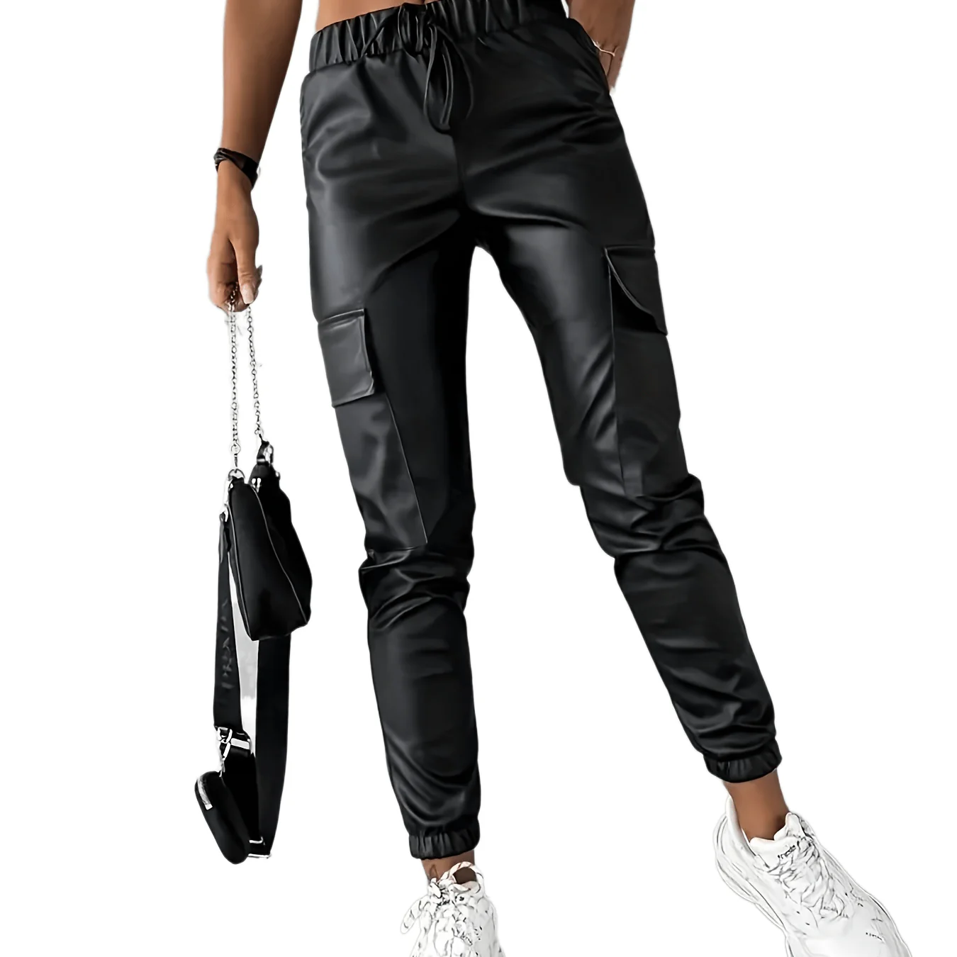 deanwangkt Faux Leather Jogger Pants, Casual Tied Elastic Waist Flap Pocket Pants, Women's Clothing - Deanwangkt