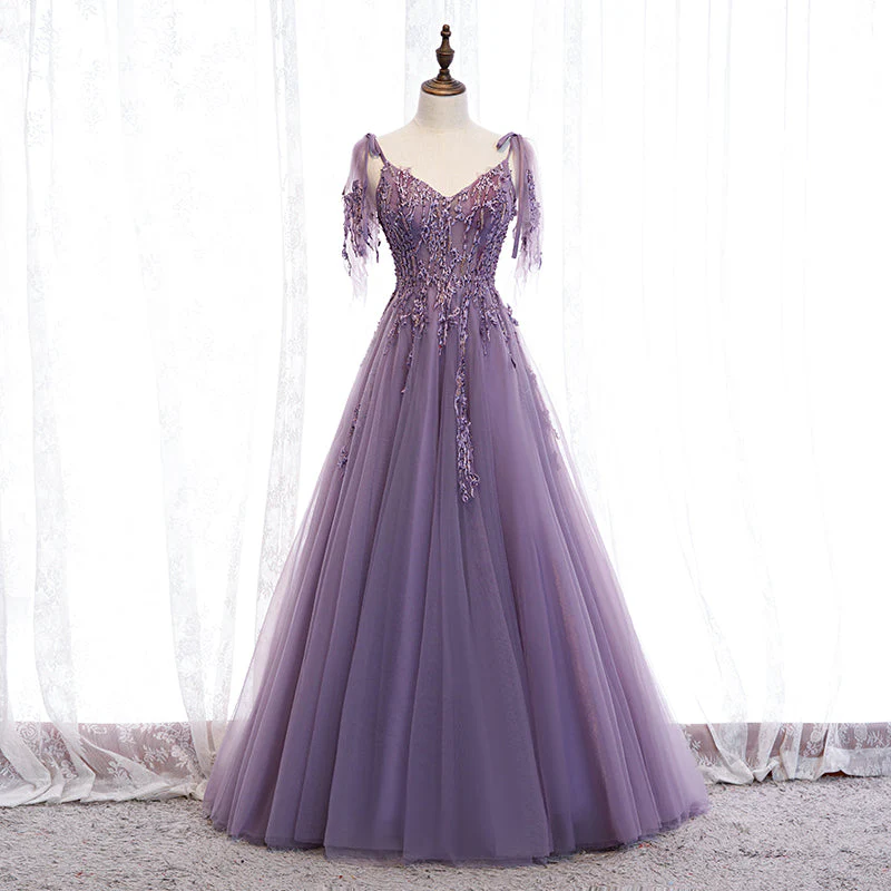Solvbao Dark Purple V-neckline Lace Beaded Long Prom Dress, A-line Tulle Evening Dress - Deanwangkt