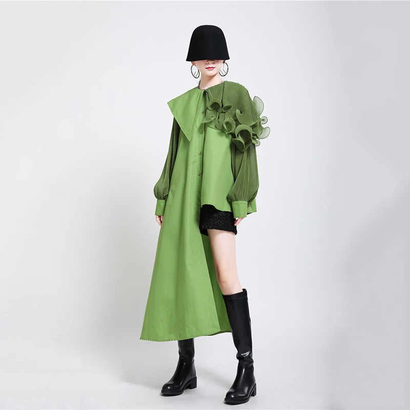 deanwangkt Women Green Ruffles Irregular Big Size Blouse New Lapel Long Sleeve Loose Fit Shirt Fashion Tide Spring Autumn  1DA218 - Deanwangkt