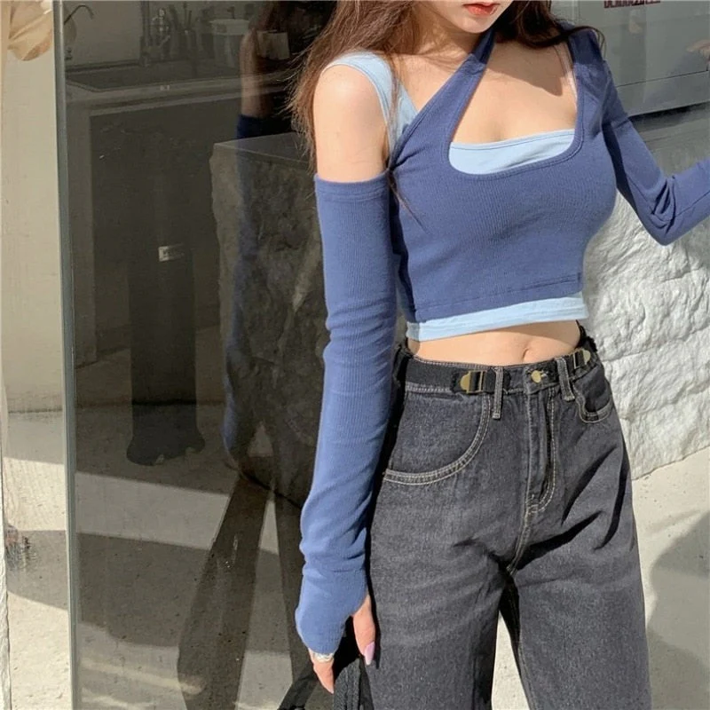 Wenkouban Sexy Patchwork Long Sleeve T-Shirts Women Slim Fit Fashion Crop Tops Hot Girls Irregular Skinny Elegant Casual Off-Shoulder Tees - Deanwangkt