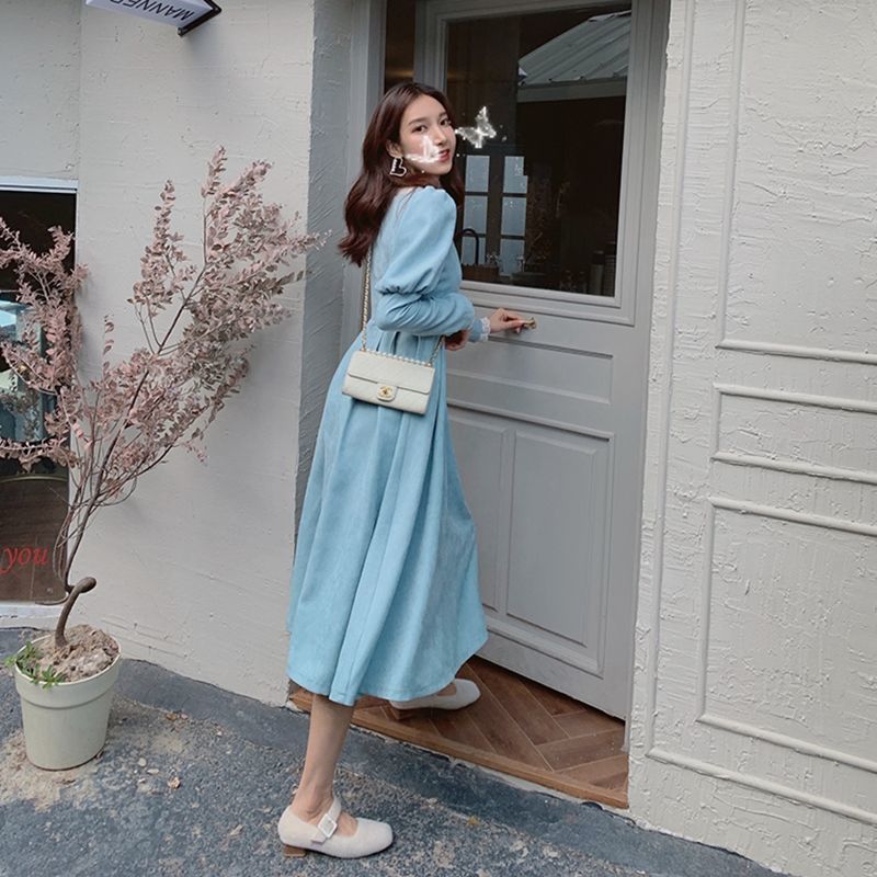 Joskka Spring Fall French Patchwork Dress Women Elegant Blue Lace Dress Female Puff Sleeve Kawaii Korean One-piece Dress - Deanwangkt