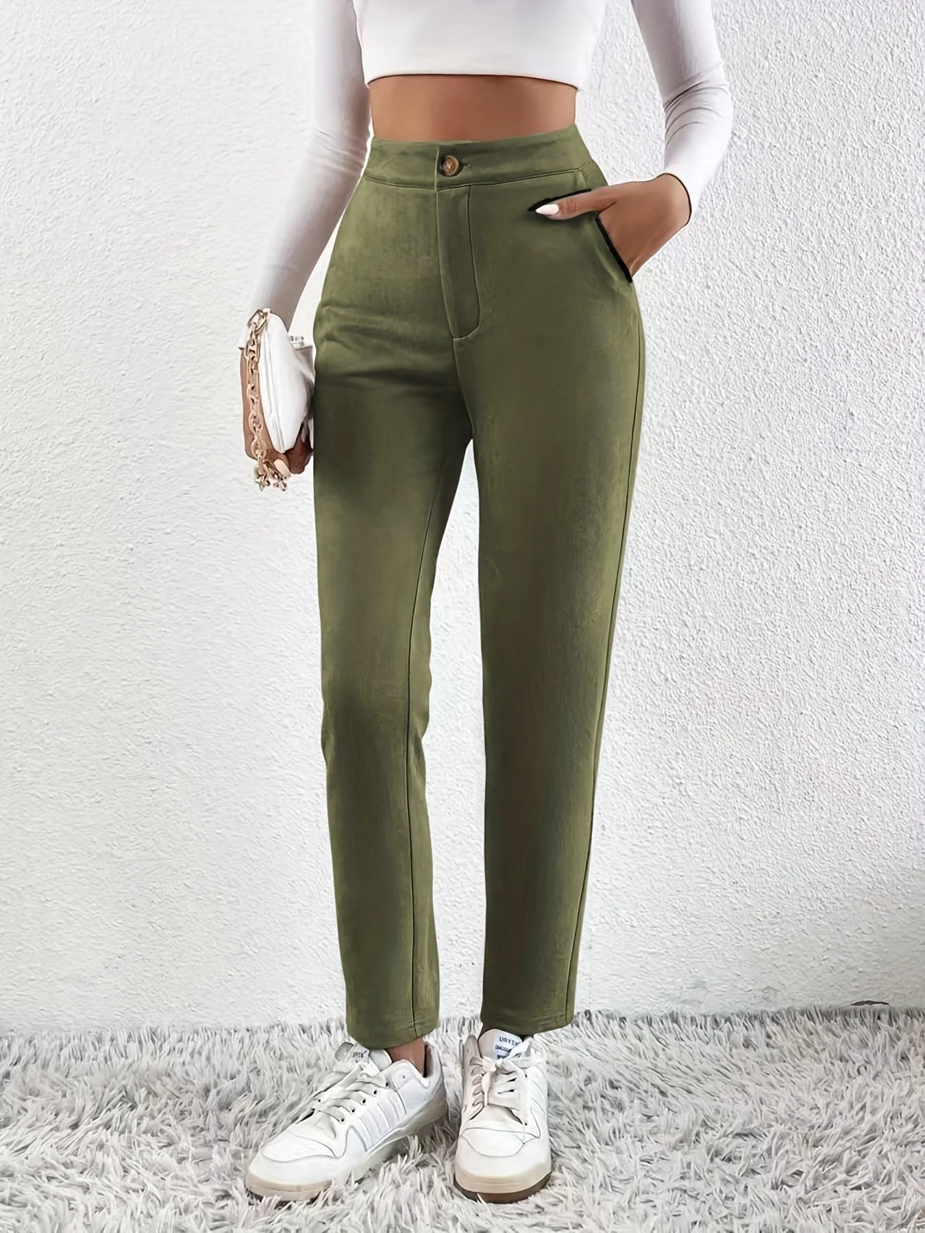 deanwangkt-1  Solid High Waist Pants, Casual Versatile Long Length Work Office Pants, Women's Clothing - Deanwangkt