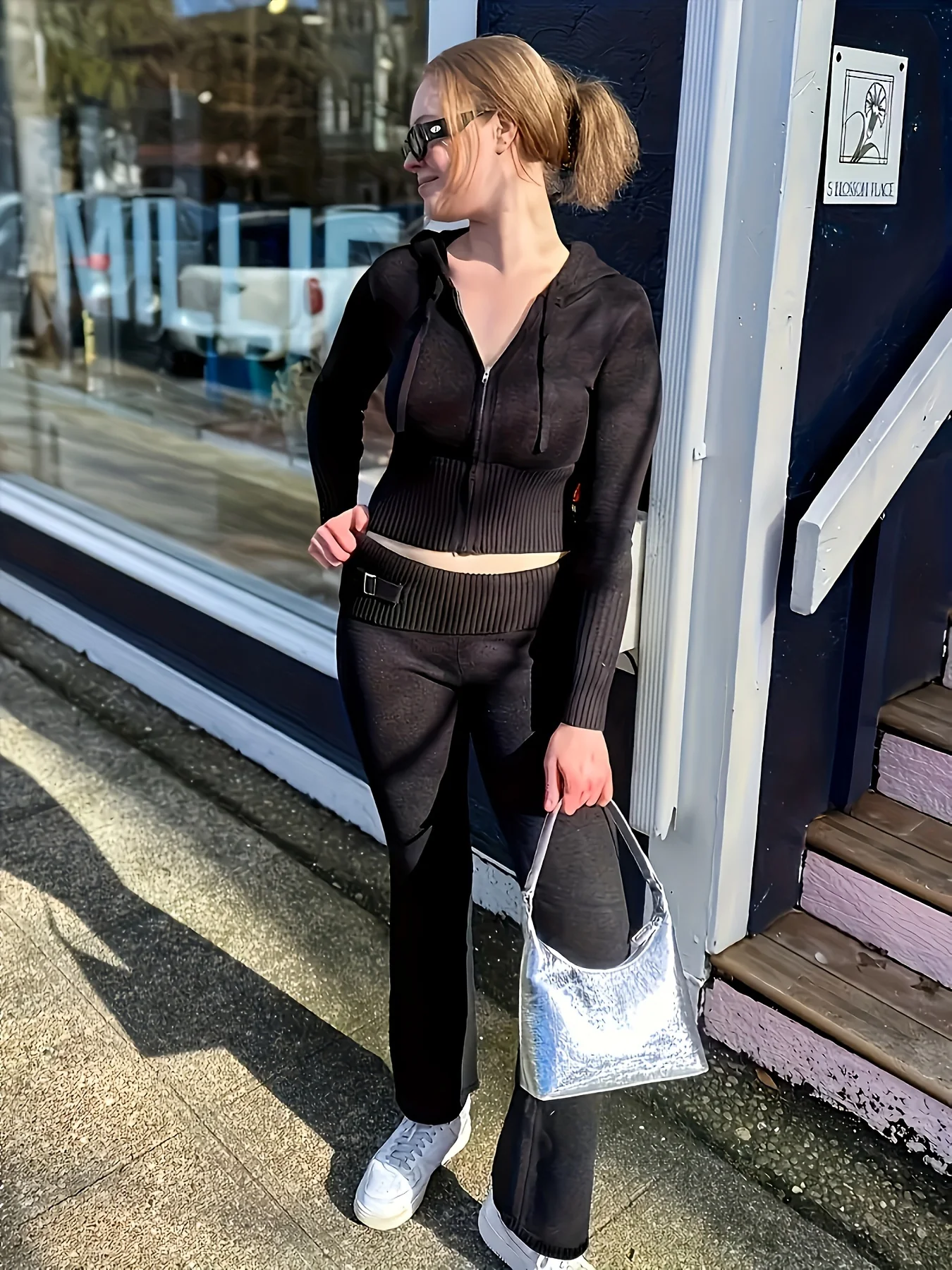 deanwangkt  Solid Knitted Casual Two-piece Set, Zip Up Hooded Crop Top & Pants Outfits, Women's Clothing - Deanwangkt