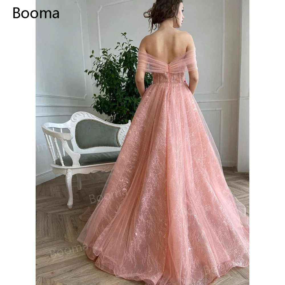 Graduation Gifts Pastel Pink Lace Prom Dresses Off the Shoulder Ruched Tulle 3D Flowers Evening Dresses Open Back A-Line Formal Prom Gowns - Deanwangkt