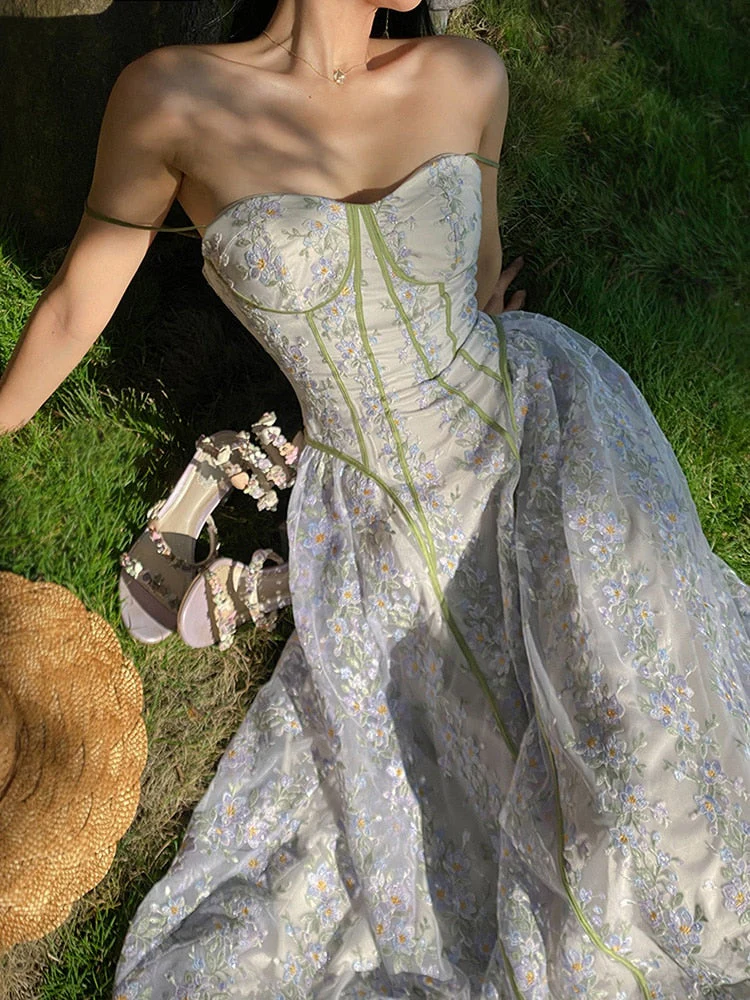 deanwangkt Fairy Dress Lace Floral Sling Dress Women's  Summer Spaghetti Strap Dress French Fairy Elegant Long Wrapped Chest Party Dresses Robe - Deanwangkt