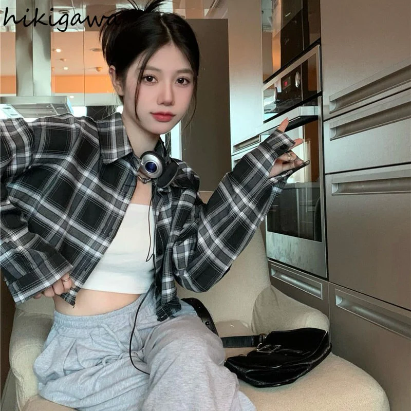 deanwangkt Crop Tops Blouse for Women Korean Casual Plaid Shirts High Waist Long Sleeve Loose Blouses  Blusas Mujer De Moda 27L111 - Deanwangkt