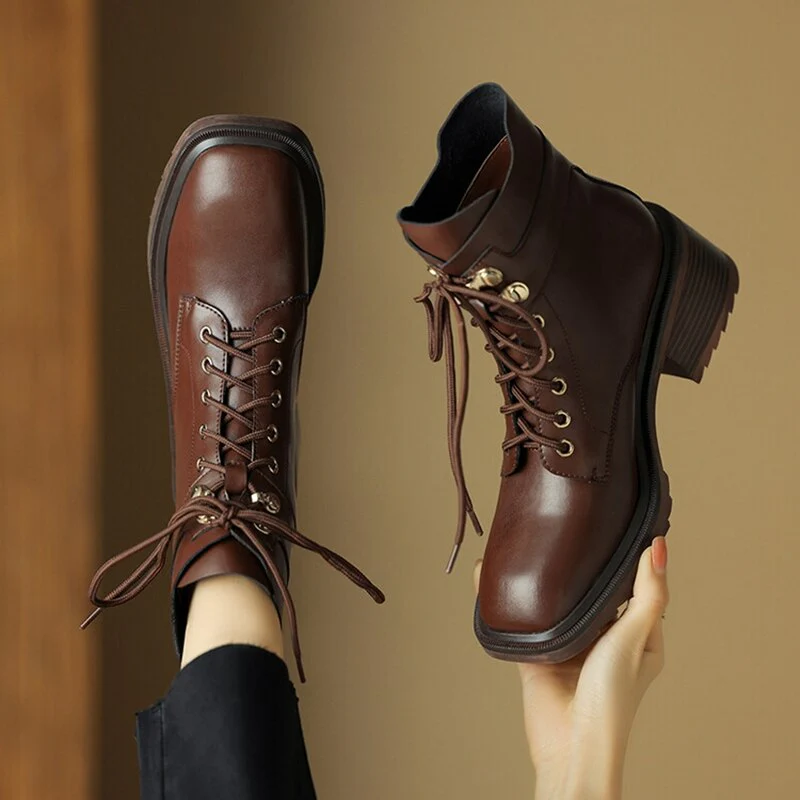 deanwangkt  fashion inspo    NEW Autumn Boots Women Split Leather Shoes for Women Square Toe Chunky Heel Shoes Casual Lace-up Short Boots Retro Ankle Boots - Deanwangkt