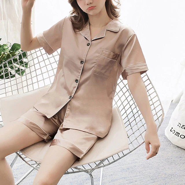 deanwangkt  Pyjamas For Women Silk Satin Pajamas Pyjamas Set Short Sleeve Sleepwear Pajamas Suit Female Sleep Two Piece Set Loungewear - Deanwangkt