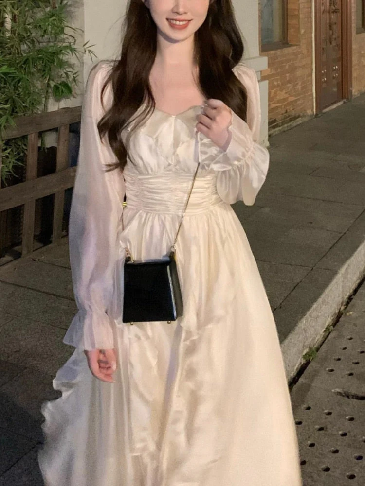 Joskka Solid France Style Elegant Dress Women Flare Sleeve Sweet Fairy Midi Dress Ladies High-waisted Chic Party Dress Summer  New - Deanwangkt