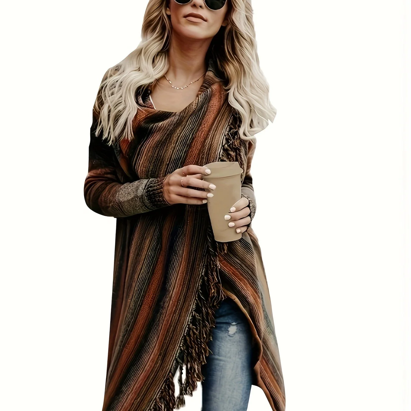 Striped Open Front Knit Shawl Cardigan, Elegant Tassel Trim Asymmetrical Mid Length Stylish Sweater, Women's Clothing - Deanwangkt