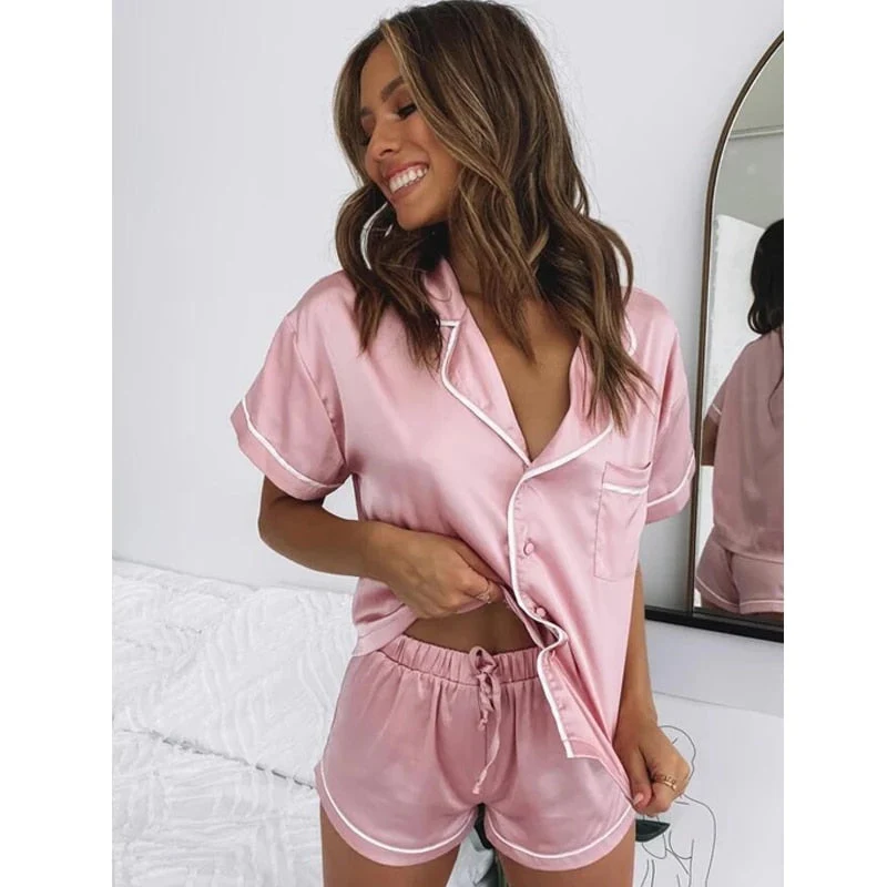 deanwangkt  Pyjamas For Women Silk Satin Pajamas Pyjamas Set Short Sleeve Sleepwear Pajamas Suit Female Sleep Two Piece Set Loungewear - Deanwangkt