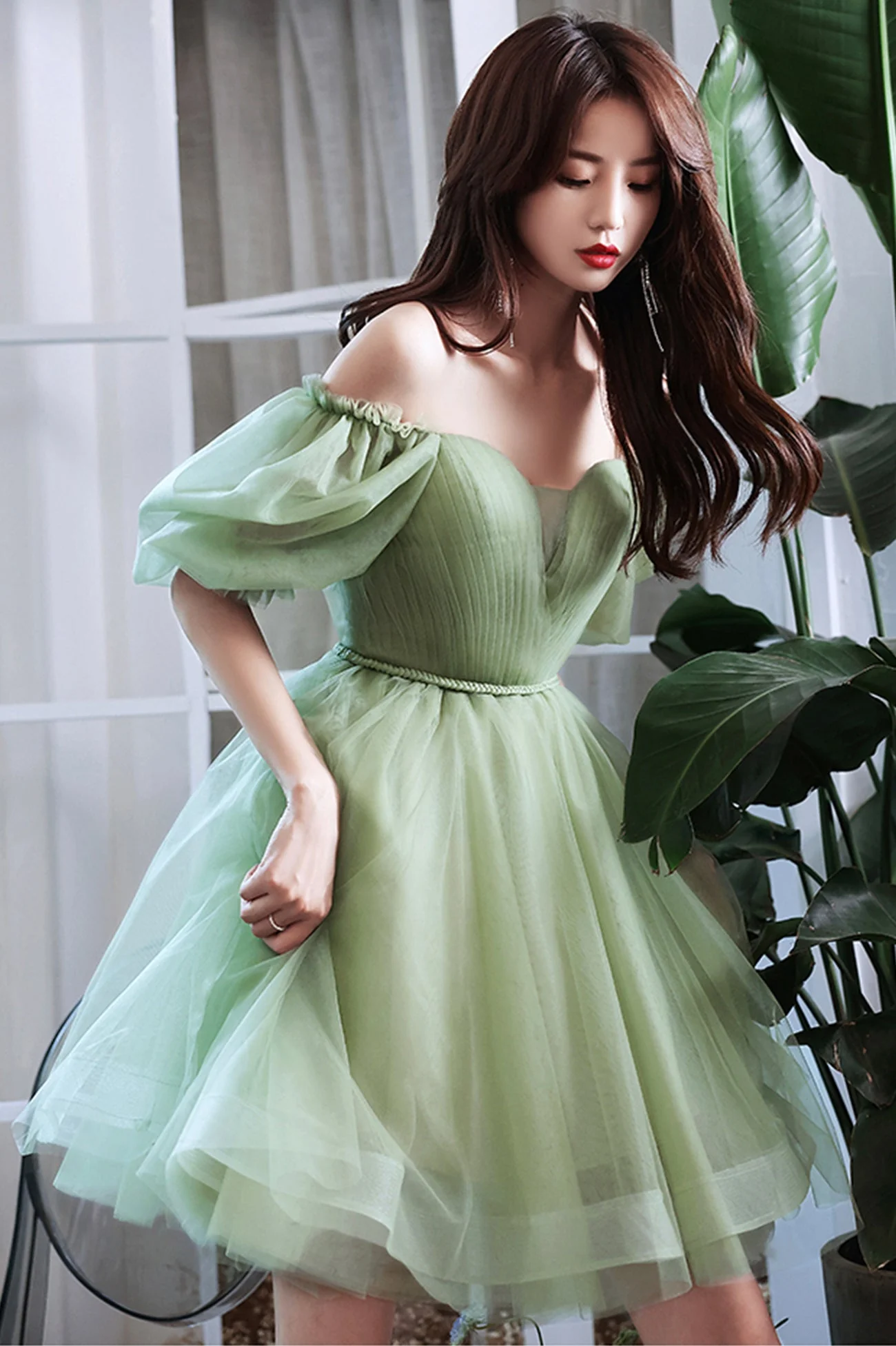 solvbao Green Tulle Short Prom Dress, Green A-Line Short Sleeve Party Dress - Deanwangkt