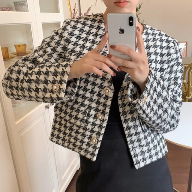 deanwangkt New Women's Vintage Houndstooth Short Jackets Fall Korean Elegance V-neck Loose OL Cropped Female's Coats Casual Outwear Tops - Deanwangkt