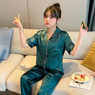 Newest Silk Pajamas for Women Sweet Leopard Pyjamas Woman Elegant Short Sleeve Long Pant Homewear Ladies Sleepwear Sets - Deanwangkt