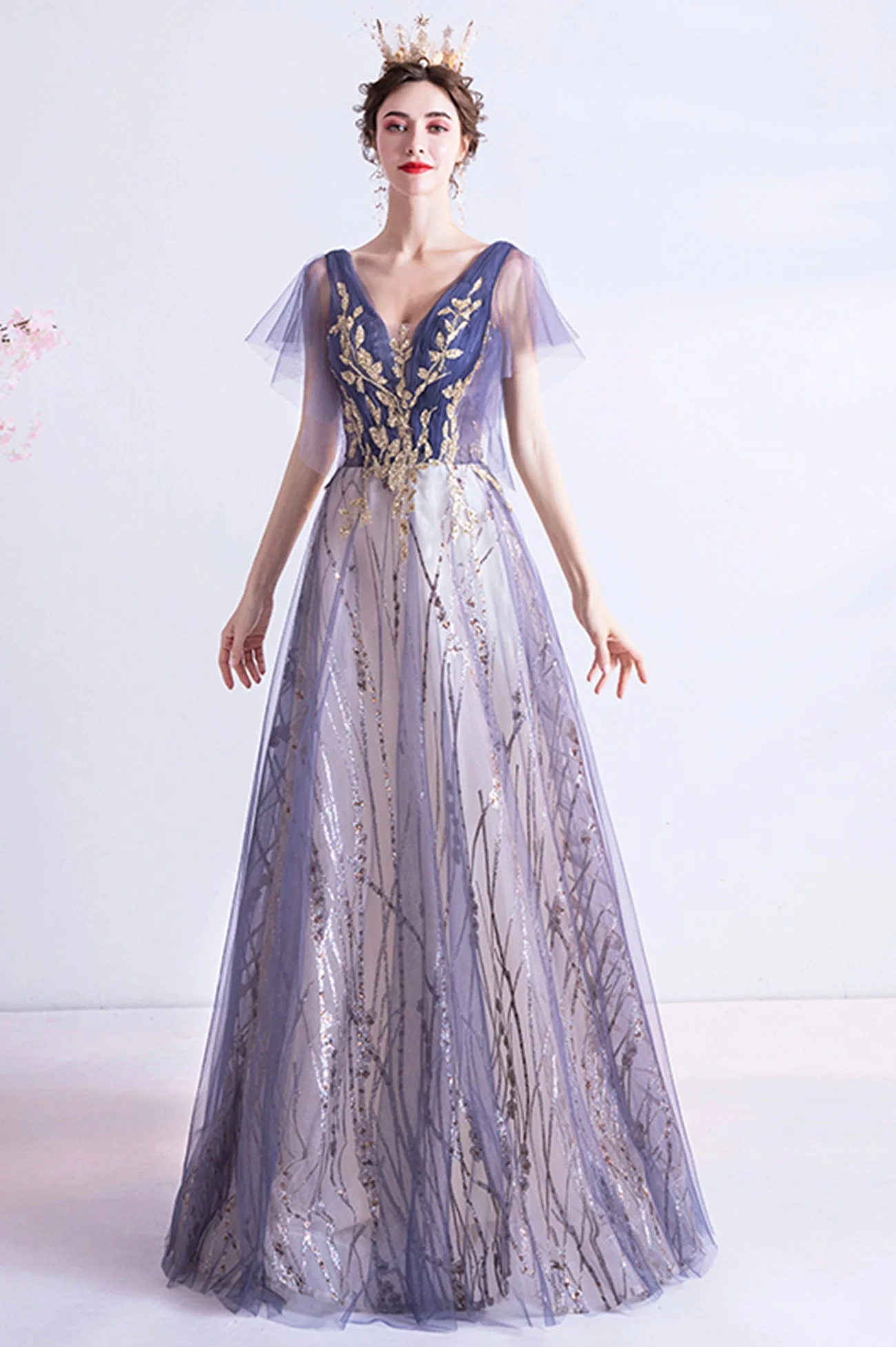 solvbao Purple V-Neck Tulle Sequins Long Prom Dresses, A-Line Evening Dresses - Deanwangkt