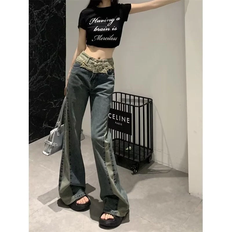 deanwangkt Summer New Splice Slim Raglan Jeans Women Spice Girls High Waist Design Sense Small Public Show Thin Flare Pants - Deanwangkt