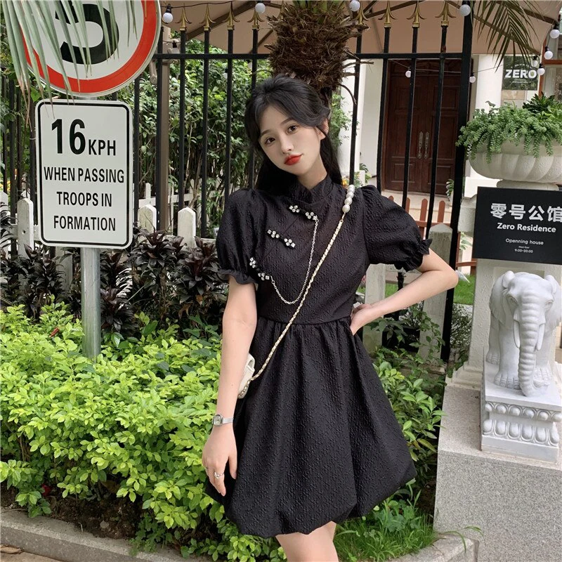 deanwangkt New Chinese Fashion Cheongsam Mini Doll Dress Stand Collar Puff Sleeve Little Ball Gown Dress Small Girl Black White Party Dress - Deanwangkt
