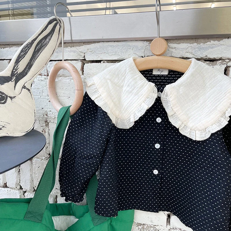 deanwangkt  Spring cute baby girl polka dot black outfits Girls fashion big turn-down collar shirt and wide leg pants 2pcs sets Kids clothes - Deanwangkt