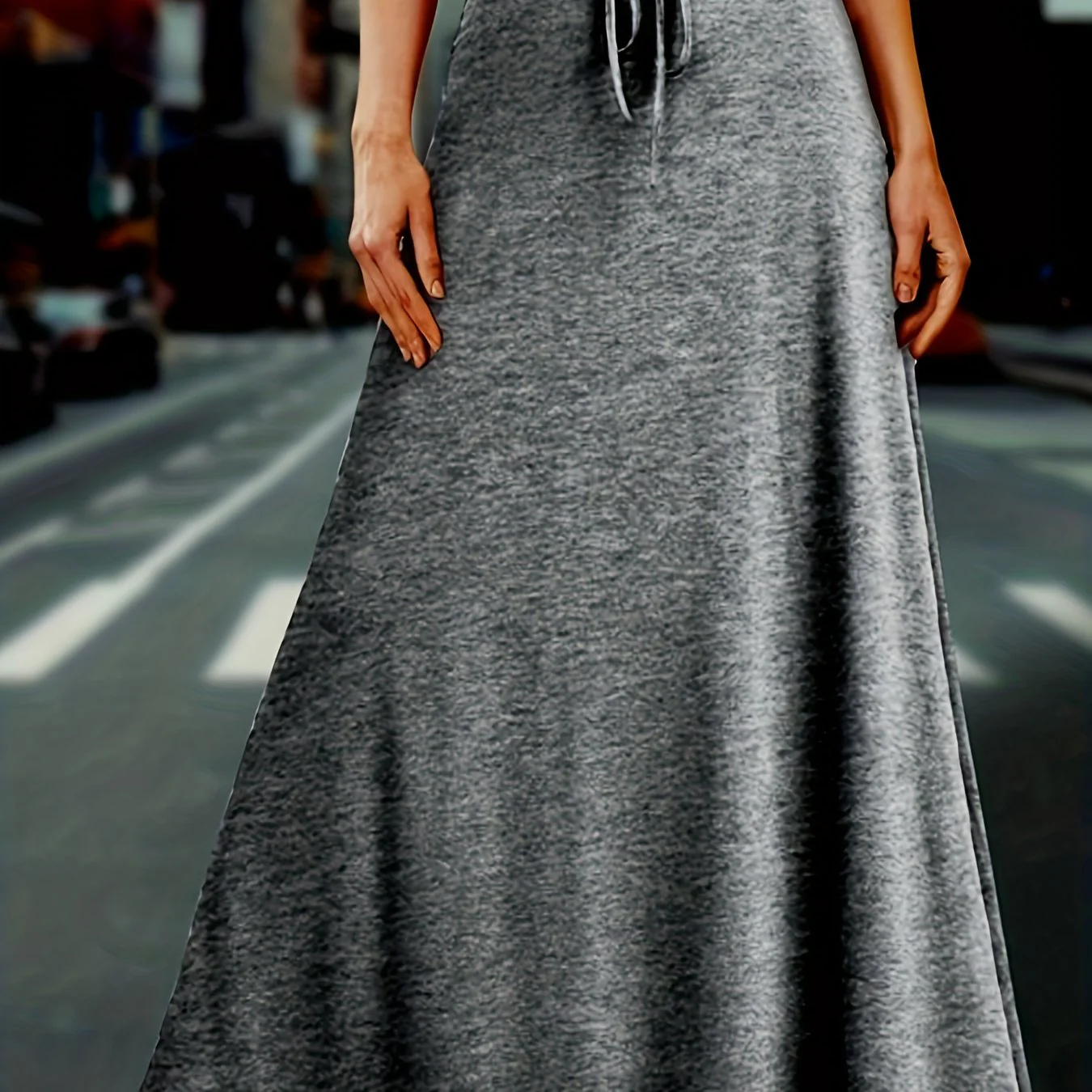 Plus Size Elegant Skirt, Women's Plus Solid Drawstring High Rise Medium Stretch Maxi Skirt - Deanwangkt