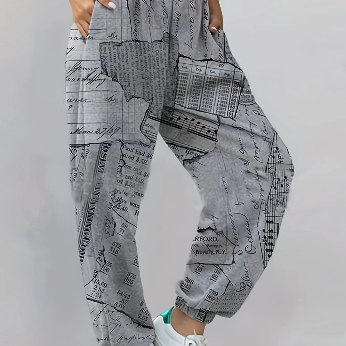 deanwangkt-1  Newspaper Print Sweatpants, Casual Everyday Versatile Jogger Pants Trousers, Women's Clothing - Deanwangkt