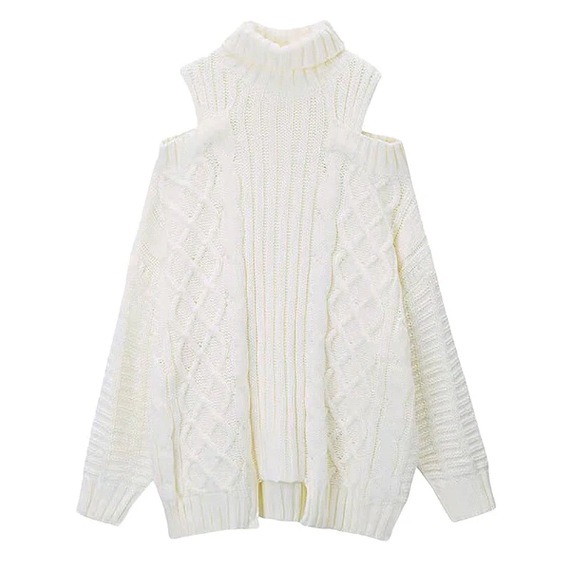 deanwangkt Autumn Winter Korean Style Women Turtleneck Knitted Sweaters Fashion Wild Knitwear Outwear Female Sexy Off Shoulder Pullovers - Deanwangkt