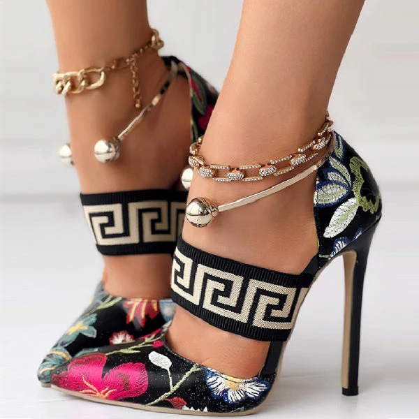 deanwangkt - Black Casual Patchwork Printing Pointed Out Door Shoes (Heel Height 4.72in) - Deanwangkt