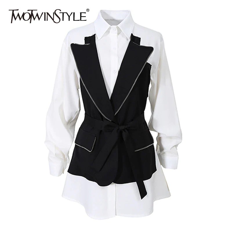 deanwangkt Casual Hit Color Patchwork Shirts For Women Lapel Long Sleeve High Waist Sashes Slim Korean Blouses Female  New - Deanwangkt