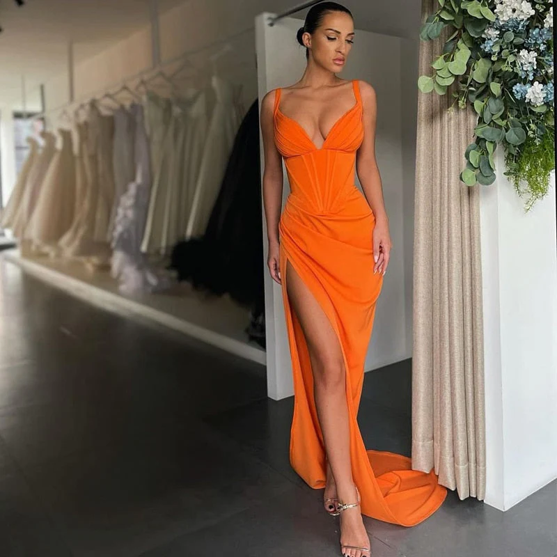 Graduation dress Sexy Prom Dresses  V-neck Satin High Split Evening Dress Saudi Arabia Mermaid Sleeveless Long Cocktail Party Gown - Deanwangkt