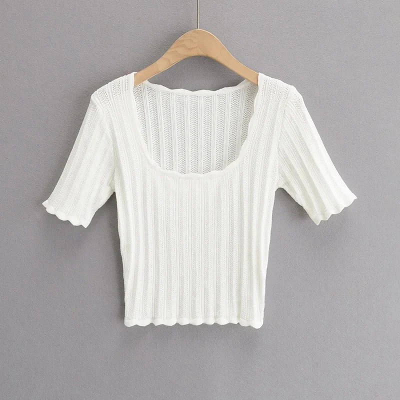 Graduation Gifts  Women Square Neck Pretty Stitch Short Sleeve Knit Top Pointelle Knit Top With Wave Trim tees short lace tops 4PC3 - Deanwangkt