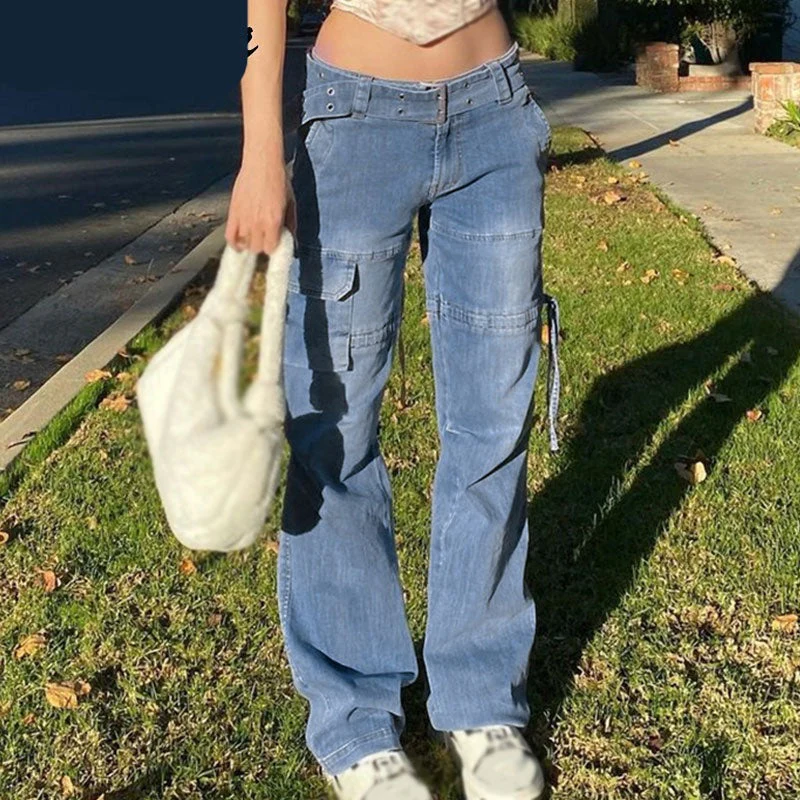 deanwangkt Y2K Low Rise Staright Cargo Jeans Wrap Belt Retro Denim Pants Ruched Drawstring Women Denim Trousers Street Indie Aesthetic Jean - Deanwangkt