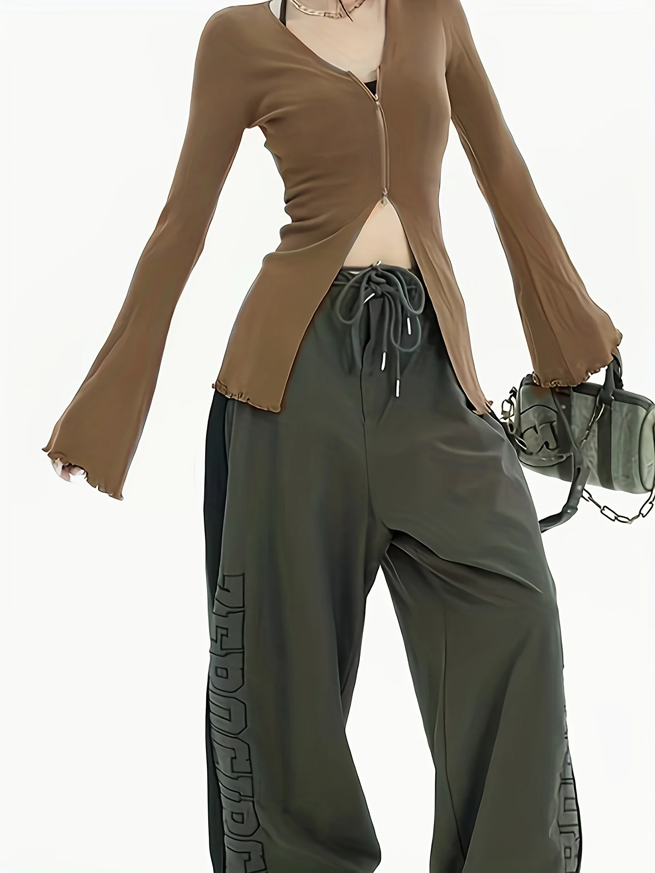 Solid V-neck Zipper Long Sleeve T-shirt, Elegant Autumn & Winter Comfy T-shirt, Women's Clothing - Deanwangkt