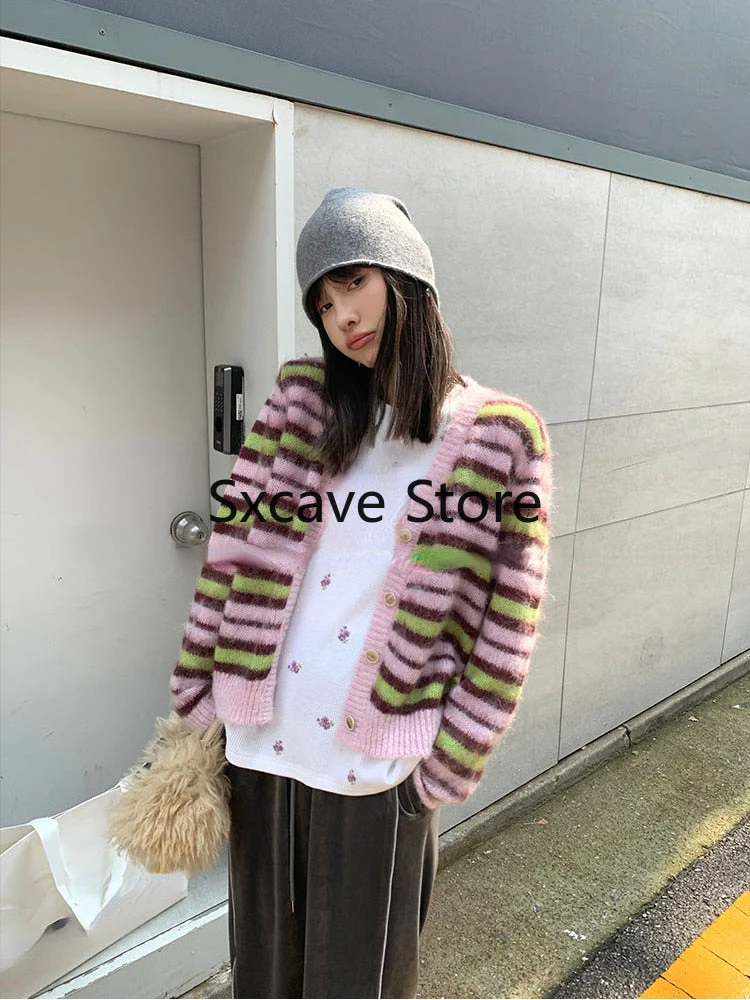 deanwangkt  Autumn Faux Fure Knitted Cardigan Women Casual Long Sleeve Button Kawaii Clothing Striped Sweater Female Korean Style Tops - Deanwangkt