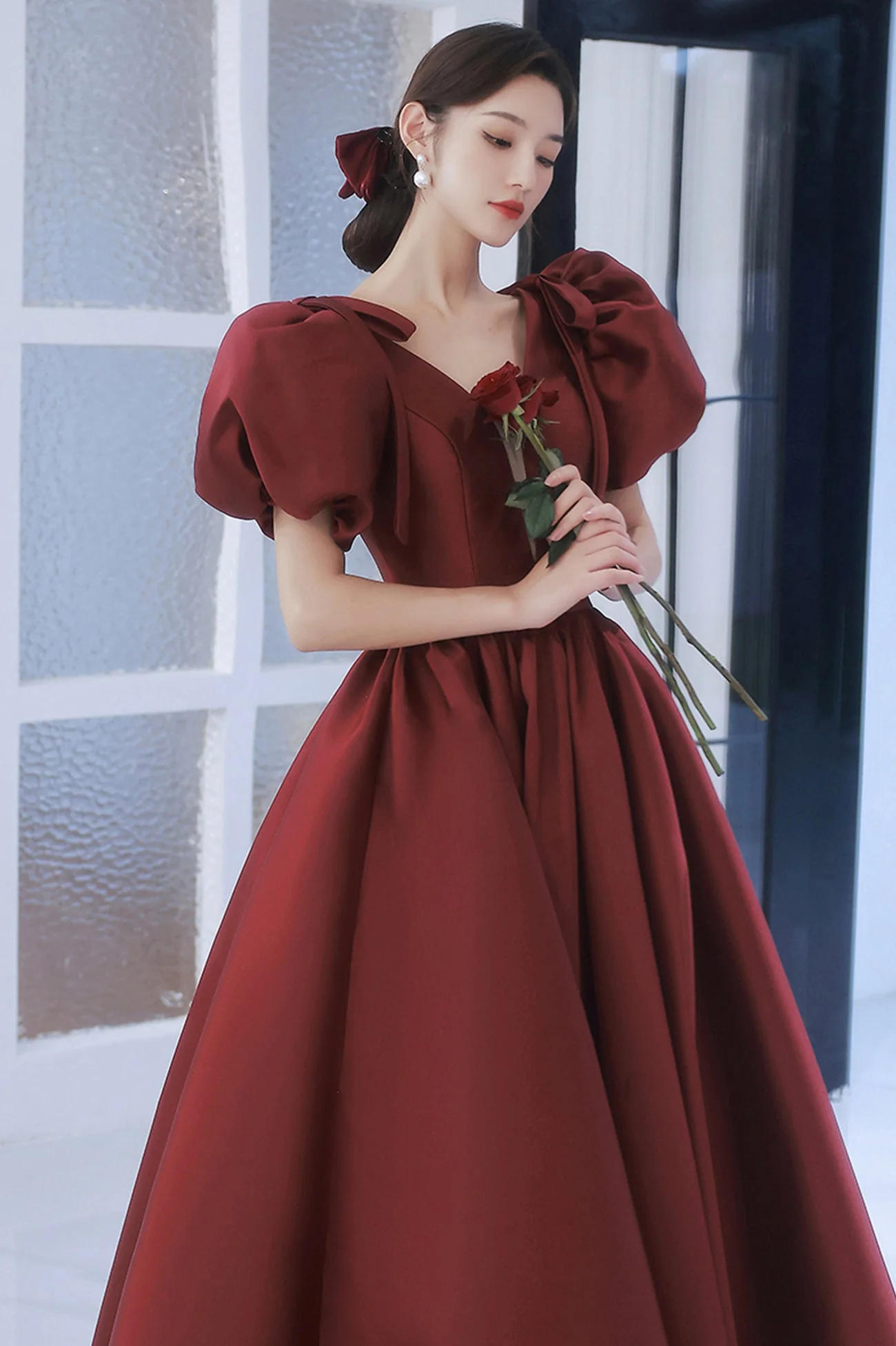 solvbao Burgundy Satin Long Prom Dresses, Lovely Puff Sleeve Evening Gown - Deanwangkt