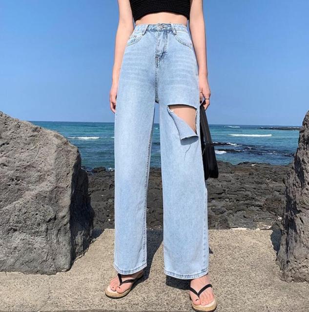 New Light Blue Jeans For Women Washed Retro High Waist Straight Long Loose Wide Leg Jeans Women trousers streetwear pants - Deanwangkt