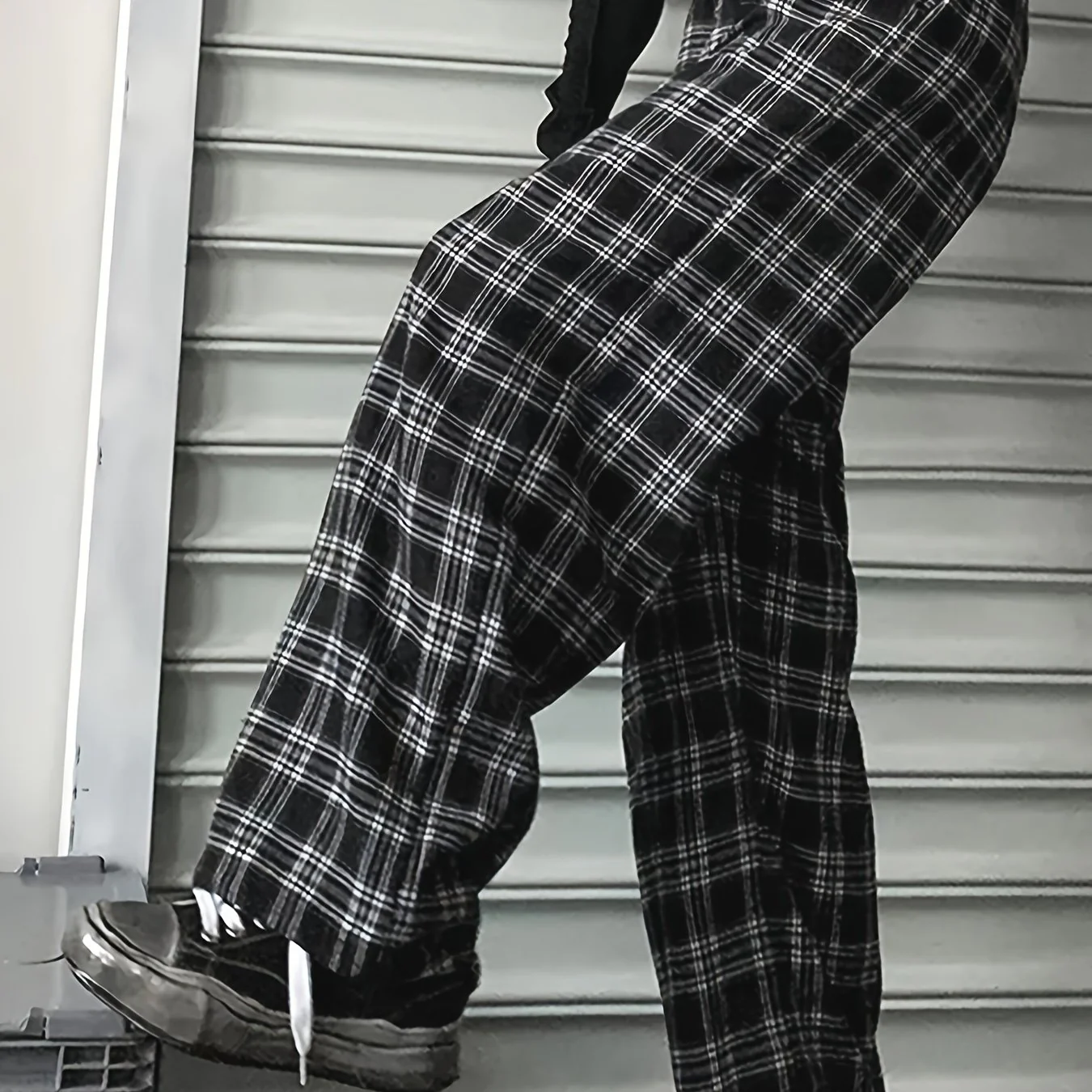 Plus Size Casual Pants, Women's Plus Plaid Print Elastic High Rise Wide Leg Trousers With Pockets - Deanwangkt