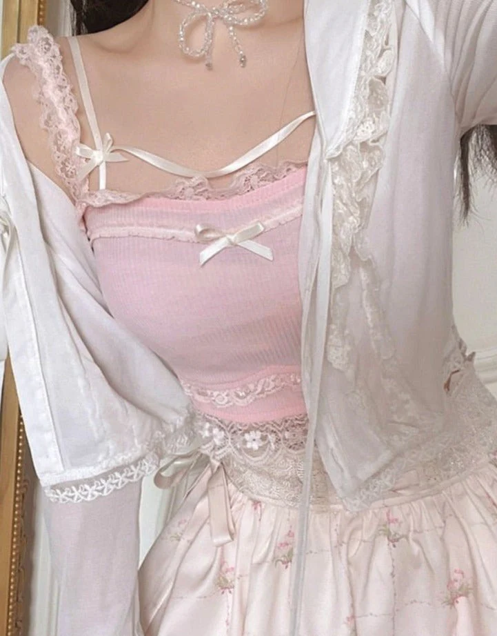 Pink Japanese Kawaii Lolita Crop Top Women White Korean College Style Sweet Tank Top Bow Lace France Princess Vset Female - Deanwangkt