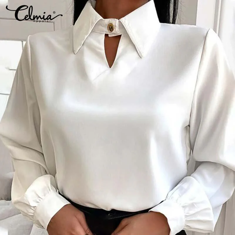 Autumn Elegant Lantern Long Sleeve Satin Blouses Women Casual Office Lapel Shirts  Fashion Hollow Neckline Tunic Tops - Deanwangkt