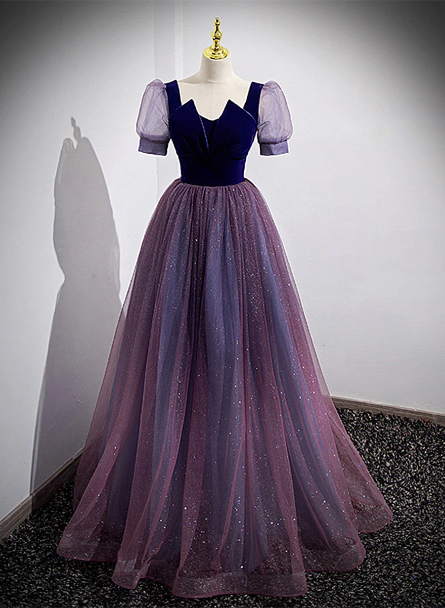 Solvbao Purple Velvet and Tulle Short Sleeves Evening Dress, Purple A-line Formal Dress Prom Dress - Deanwangkt