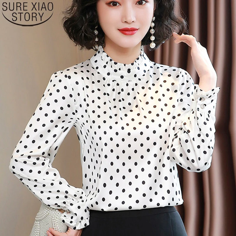 Graduation Gifts  Women Blouses Casual Stand Collar Autumn Fashion Women Shirts Blouses Long Sleeve Polka Dot Women Tops  Fashion Blusas 10589 - Deanwangkt