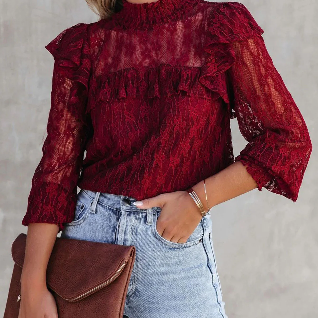 deanwangkt-1 Women's T-shirt Solid Color Fashion Sexy Chain Links Hollow Lace Ruffles High Neck Long Sleeve T-shirt - Deanwangkt