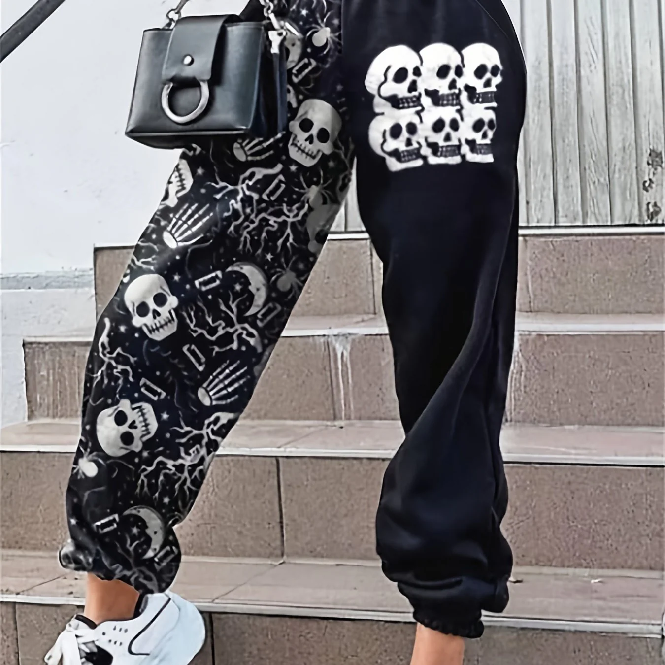 Plus Size Halloween Pants, Women's Plus Skull Print Medium Stretch Tapered Leg Pants - Deanwangkt