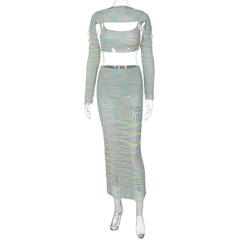 BACK TO COLLEGE    Elegant Women's Autumn Long Sleeve Tops Camisoles Skirts 3 Pieces Set Streetwear Fashion Hollow Out Holes Knitted Sets - Deanwangkt