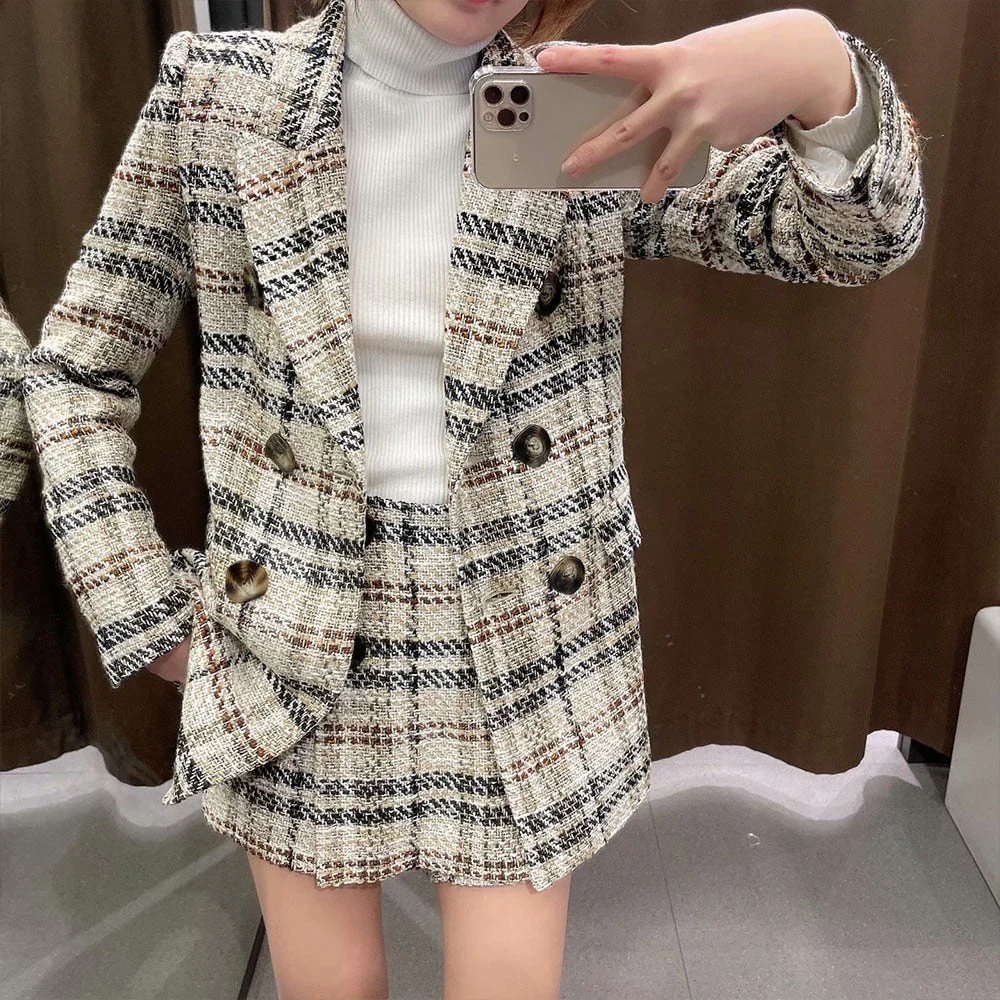 deanwangkt Women  New Fashion Double Breasted Tweed Check Blazer Coat Vintage Long Sleeve Female Outerwear+Casual shorts skirts Suit - Deanwangkt