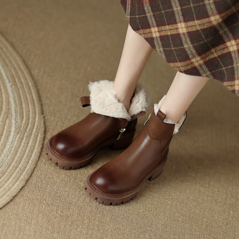 deanwangkt Autumn Boots    Winter Women Boots Round Toe Chunky Boots for Women Split leather Shoes Women Thick Heel Boots Casual Wool Warm Boots Snow Boots - Deanwangkt