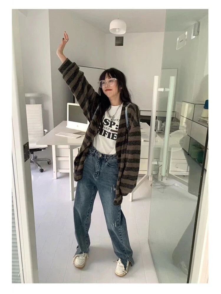 deanwangkt Trend Zipper Simple Literary Jeans Dark Lazy Straight Pants Summer New Women's High Waist Temperament Trousers - Deanwangkt