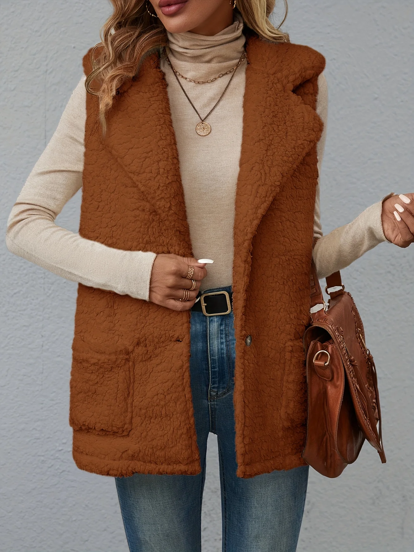 Lapel Patched Pockets Vest Jacket, Casual Thermal Sleeveless Jacket For Fall & Winter, Women's Clothing - Deanwangkt