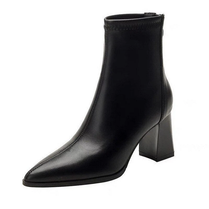 deanwangkt Autumn Women's Leather Boots High Heels Winter Woman White Elastic Thin Boots Shoes Pointed Thick Heel Dress Short Ankle B - Deanwangkt