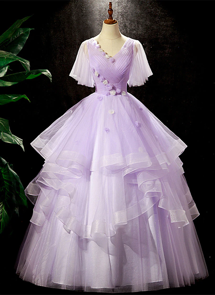 Solvbao Light Purple Tulle with Flowers Cute Long Party Dress, Purple Sweet 16 Dress - Deanwangkt